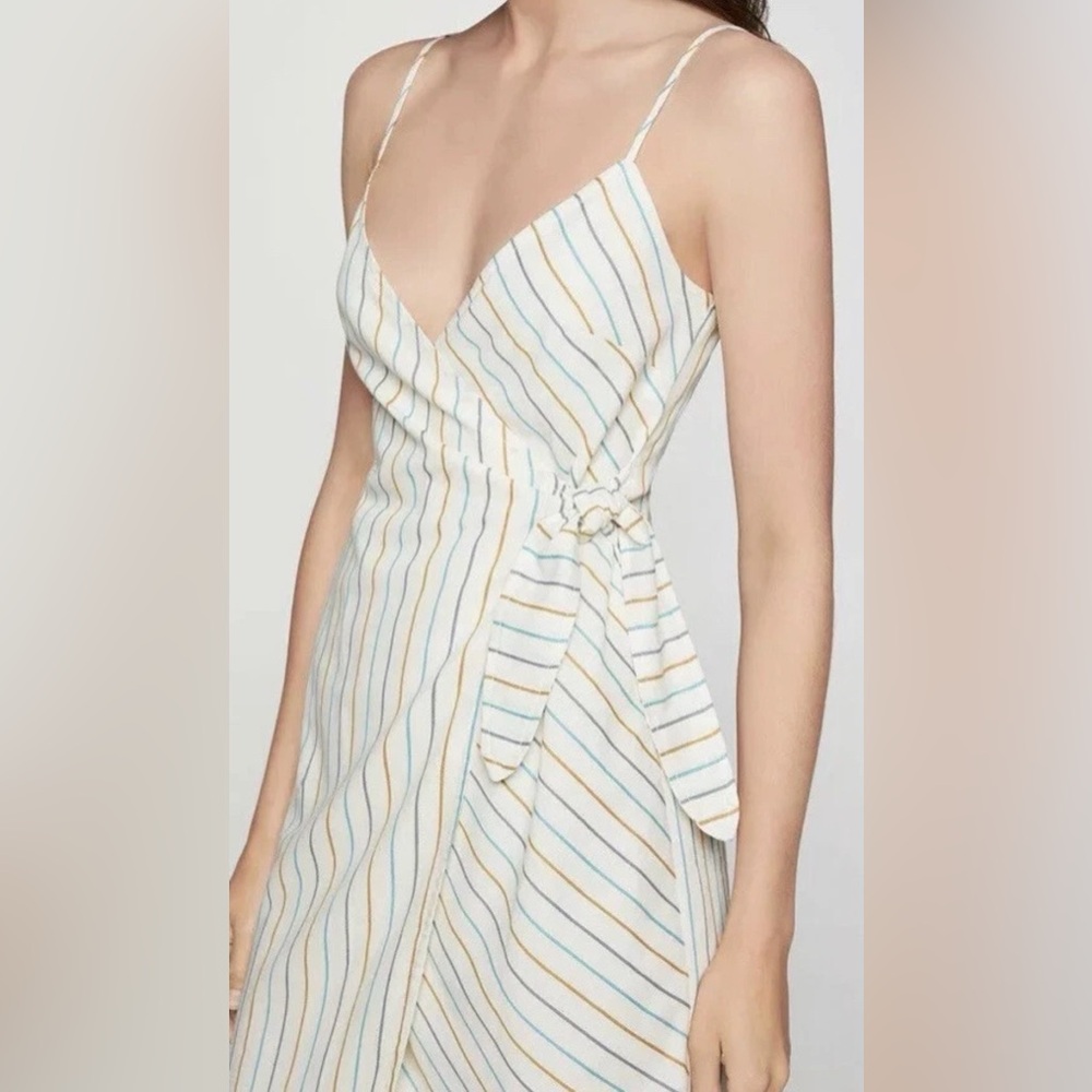 BCBGeneration Beige Striped Midi Wrap Dress Medium - Picture 13 of 16